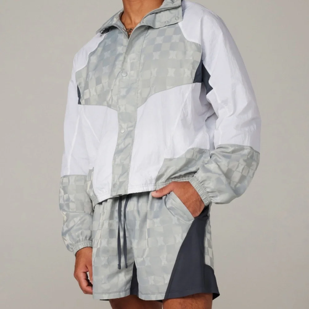 Savage X Fenty Unisex White & Light Gray Checker Windbreaker- Woman XL, Man L